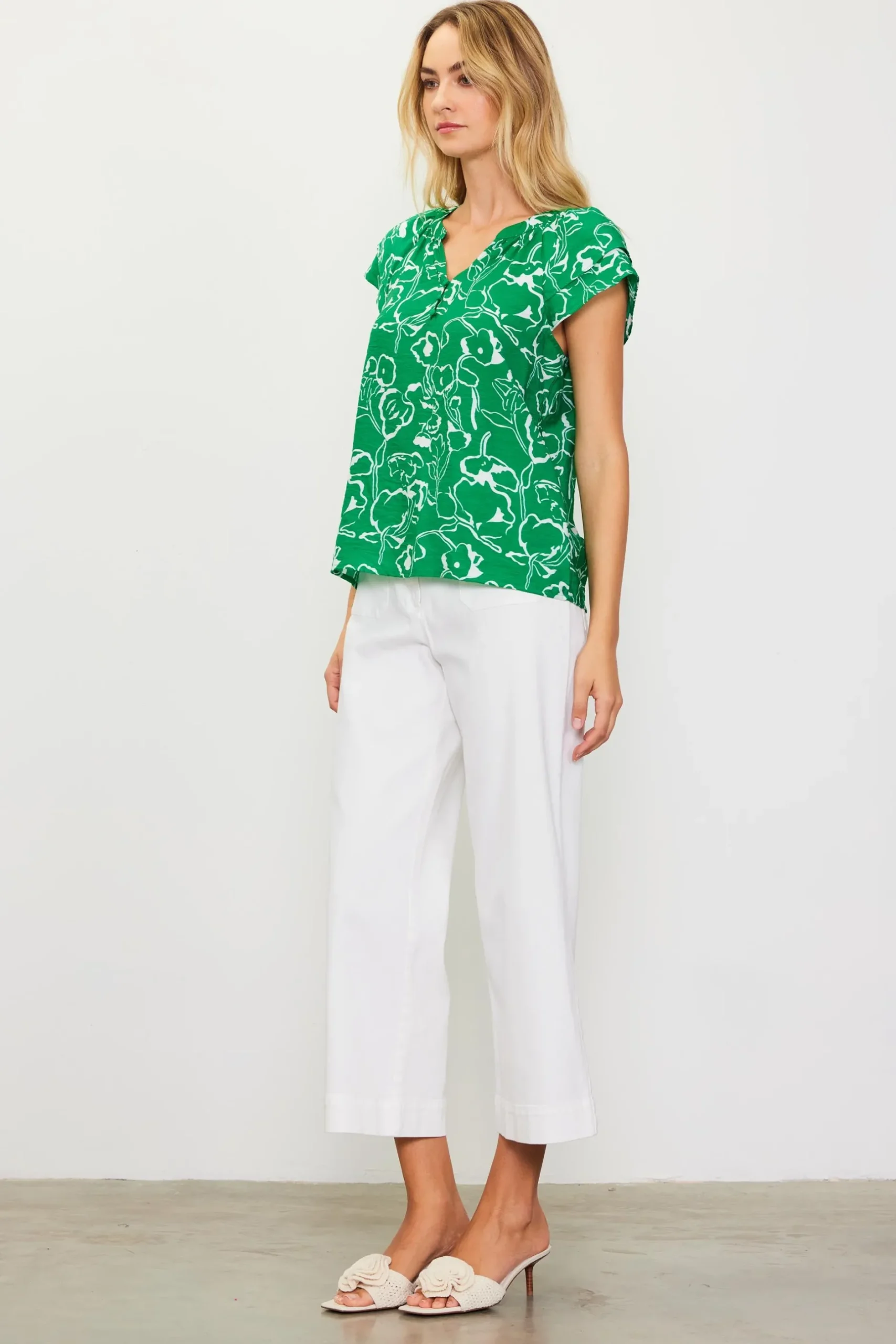SKIES ARE BLUE Short Sleeve Tops*Floral Print Short Sleeve Top Green