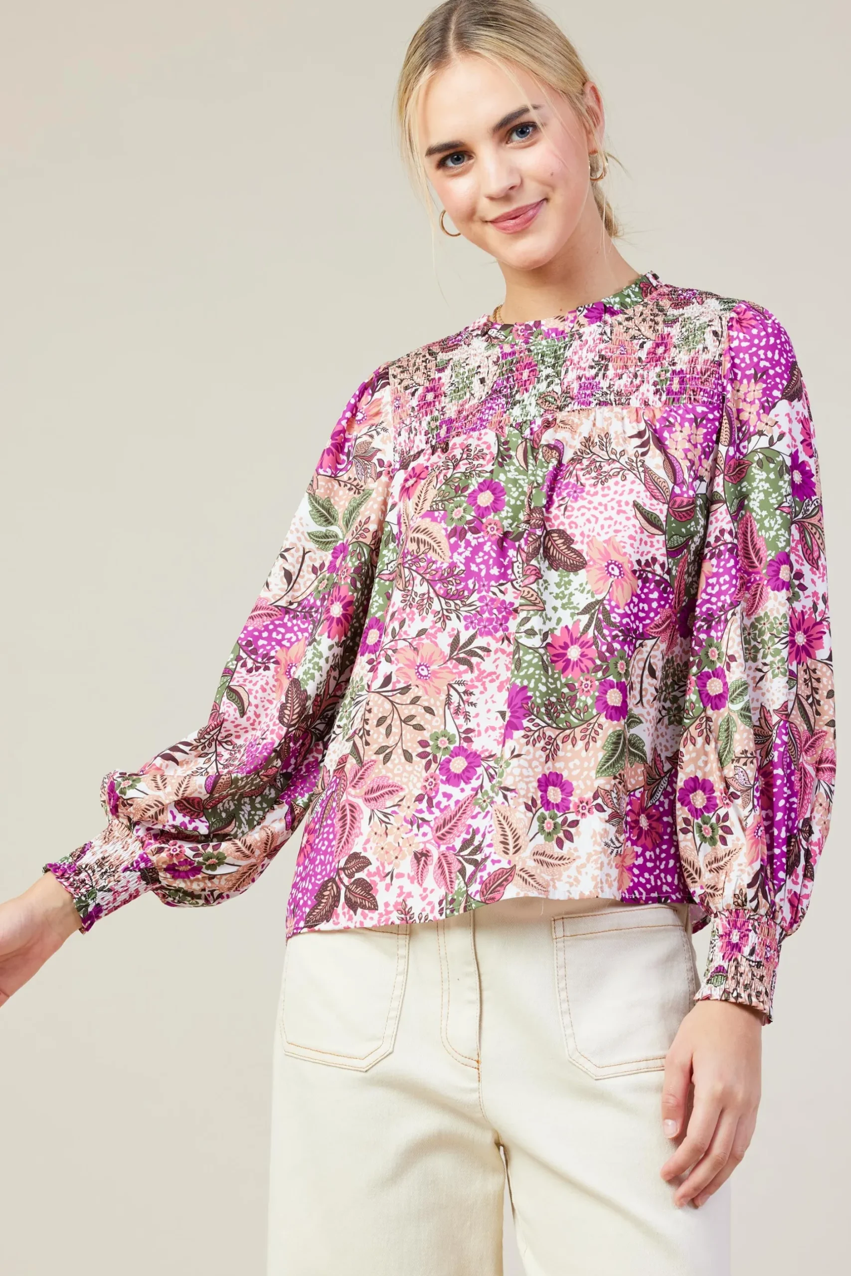 SKIES ARE BLUE Blouses|Long Sleeve Tops*Floral Print Smocked Neckline Blouse Orchidmulti