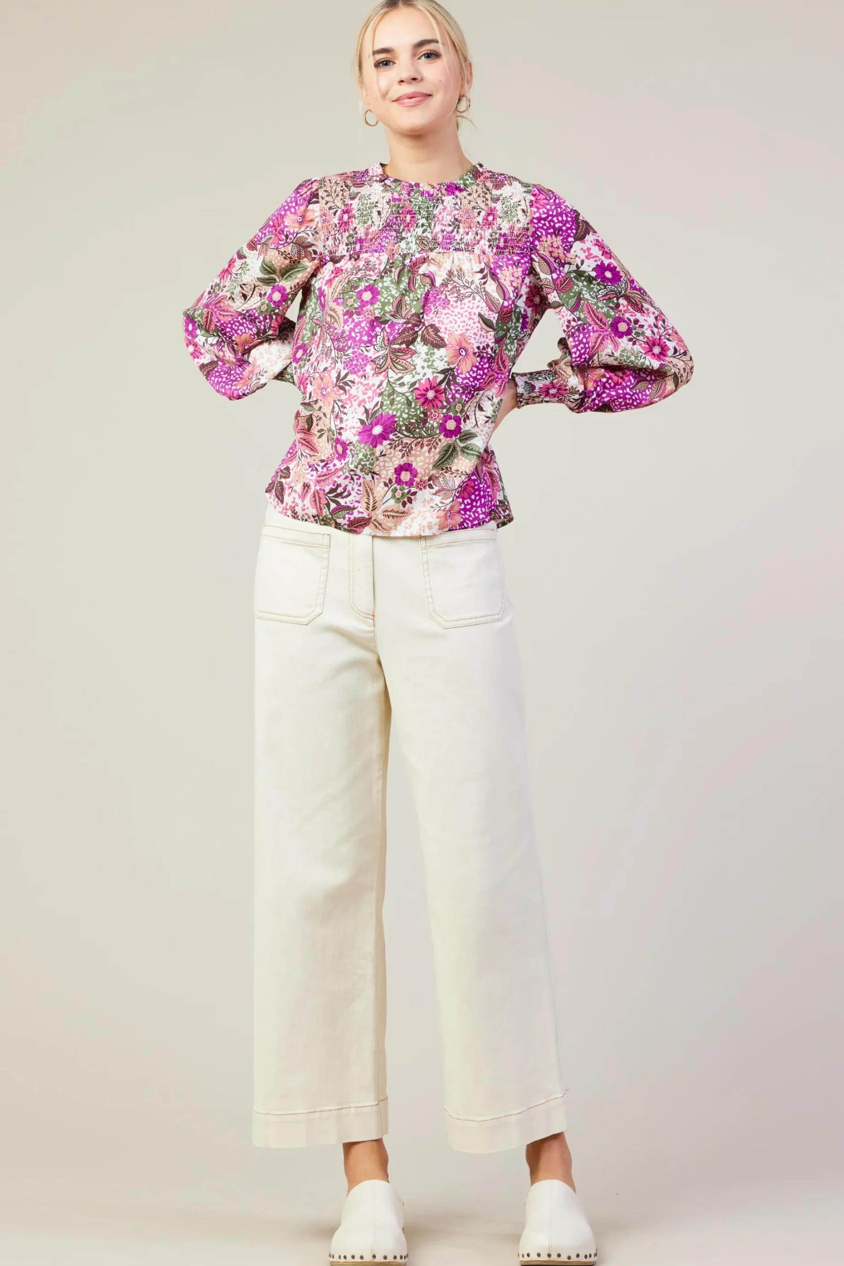SKIES ARE BLUE Blouses|Long Sleeve Tops*Floral Print Smocked Neckline Blouse Orchidmulti
