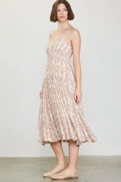 SKIES ARE BLUE Midi Dresses*Floral Print Smocked Waist Dress Taupe