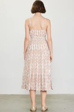 SKIES ARE BLUE Midi Dresses*Floral Print Smocked Waist Dress Taupe