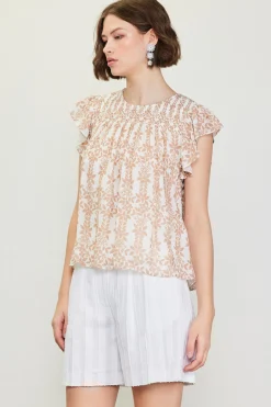 SKIES ARE BLUE Short Sleeve Tops*Floral Print Smocked Yoke Top Taupe