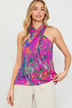 SKIES ARE BLUE Sleeveless Tops*Floral Print Twisted Halter Top Magentamulti