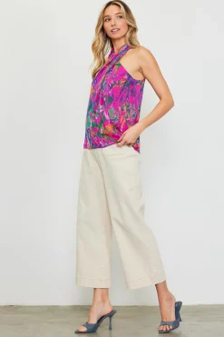 SKIES ARE BLUE Sleeveless Tops*Floral Print Twisted Halter Top Magentamulti
