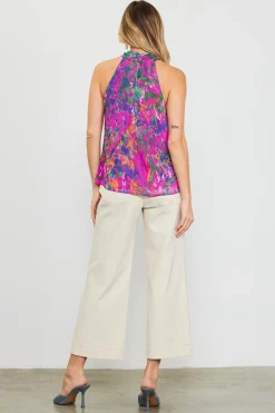 SKIES ARE BLUE Sleeveless Tops*Floral Print Twisted Halter Top Magentamulti