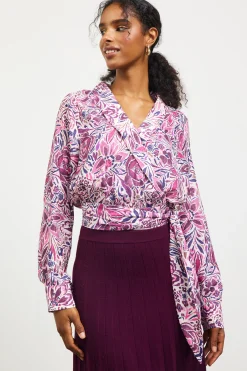 SKIES ARE BLUE Long Sleeve Tops*Floral Print Waist Self Tie Top Plum-multi