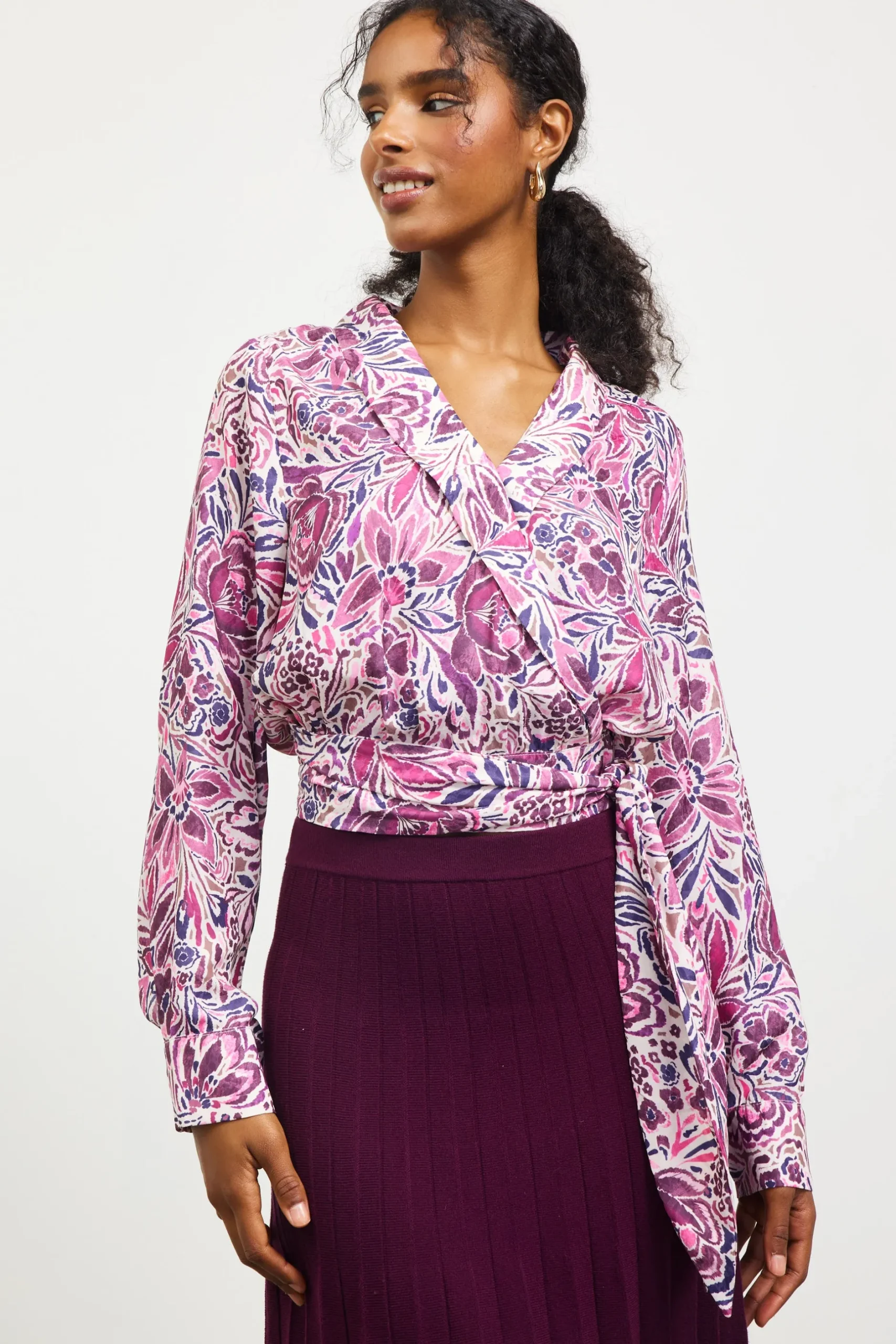 SKIES ARE BLUE Long Sleeve Tops*Floral Print Waist Self Tie Top Plum-multi