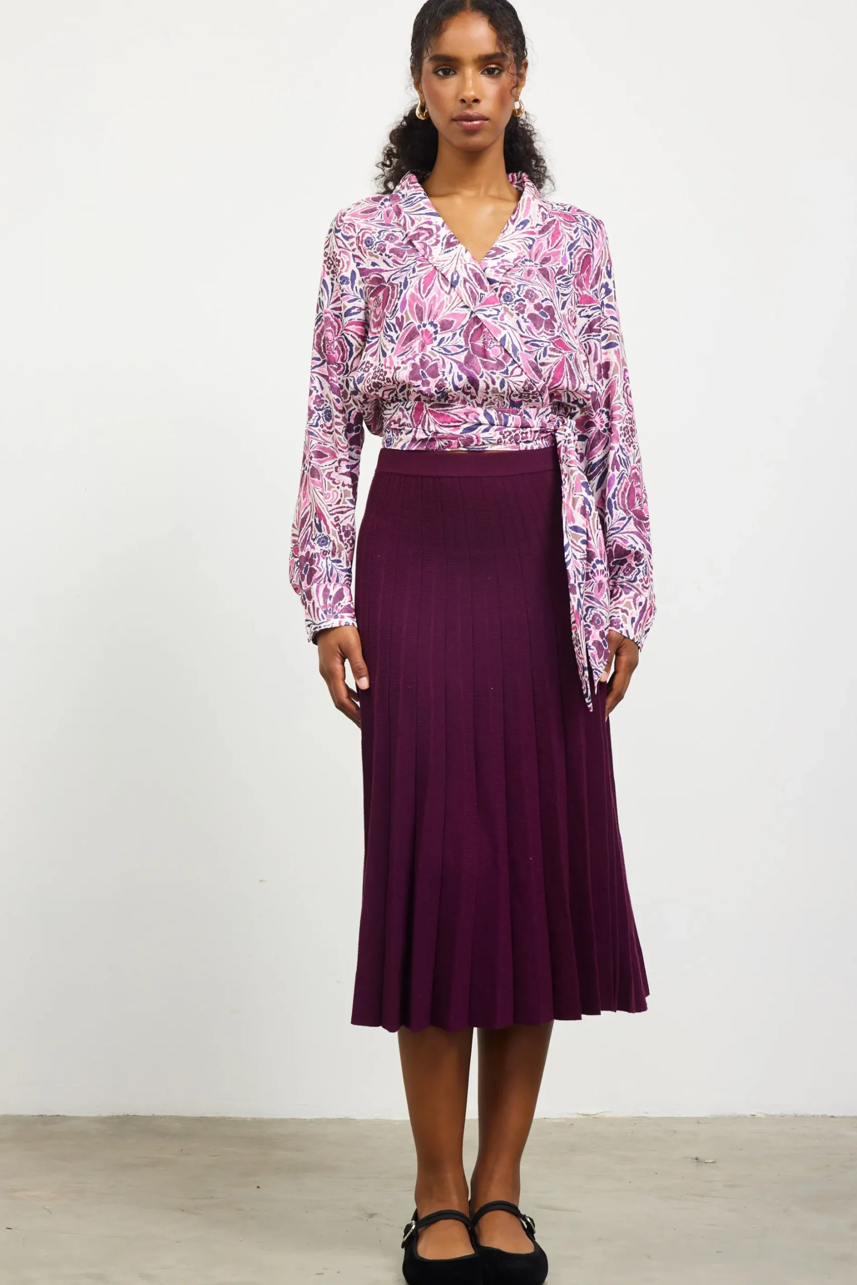 SKIES ARE BLUE Long Sleeve Tops*Floral Print Waist Self Tie Top Plum-multi