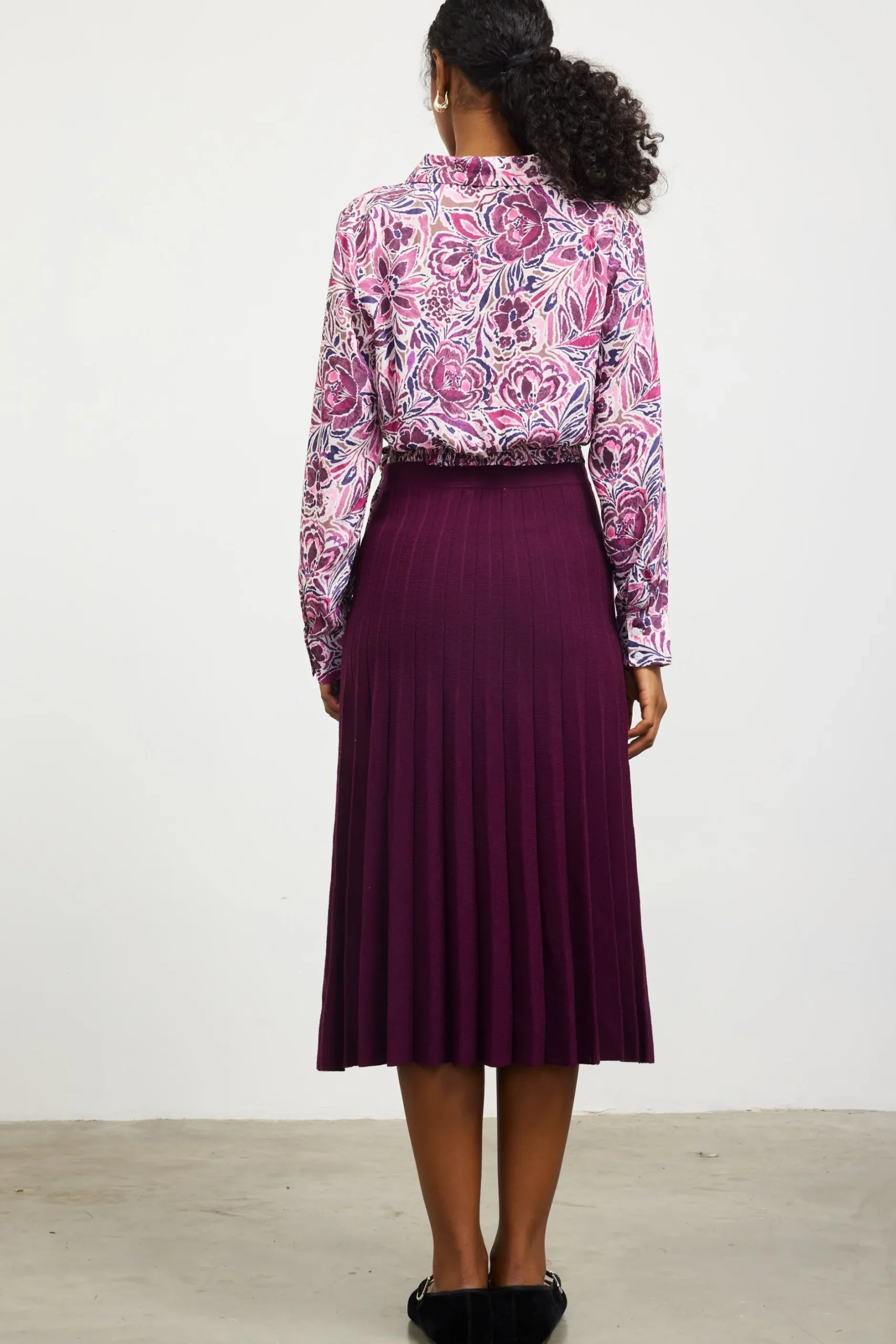 SKIES ARE BLUE Long Sleeve Tops*Floral Print Waist Self Tie Top Plum-multi