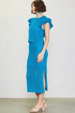 SKIES ARE BLUE Short Sleeve Tops|Sweaters*Flutter Sleeve Crochet Sweater Turquoise