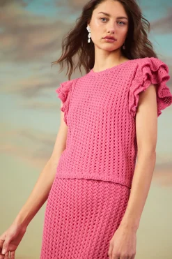 SKIES ARE BLUE Short Sleeve Tops|Sweaters*Flutter Sleeve Crochet Sweater Flamingo