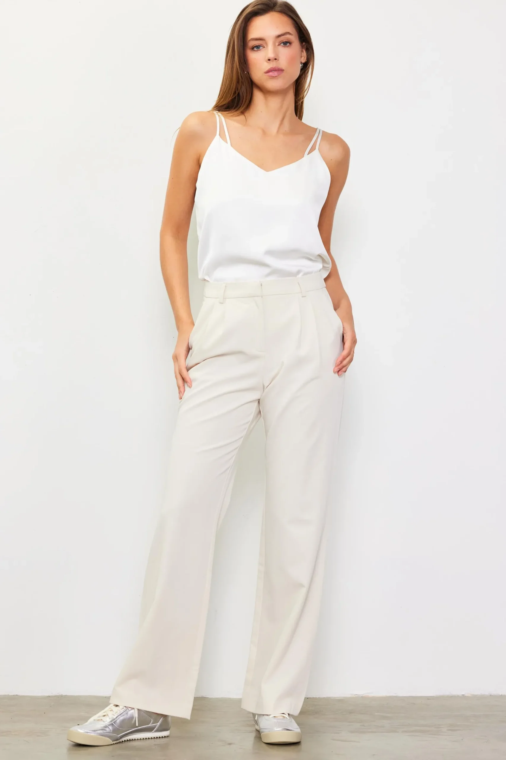SKIES ARE BLUE Pants*Front Pleat Wide Leg Trousers Cream