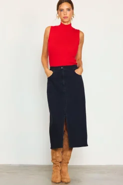 SKIES ARE BLUE Skirts*Front Slit Maxi Denim Skirt Blackdenim