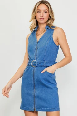 SKIES ARE BLUE Mini Dresses*Front Zipper Denim Mini Dress With Belt Bluedenim