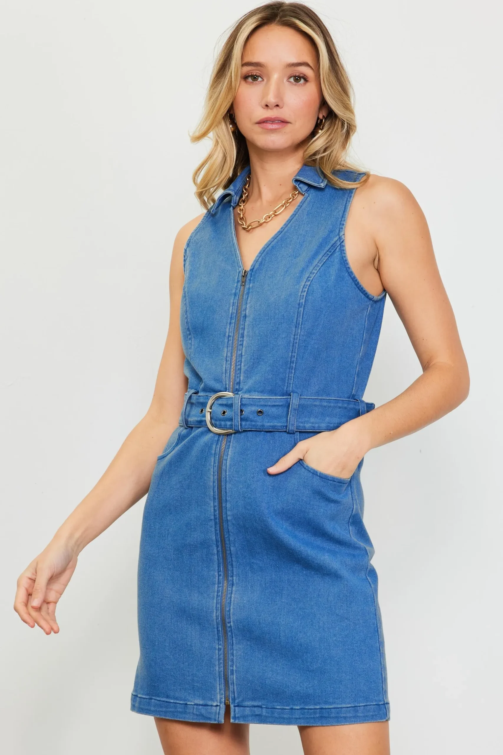 SKIES ARE BLUE Mini Dresses*Front Zipper Denim Mini Dress With Belt Bluedenim