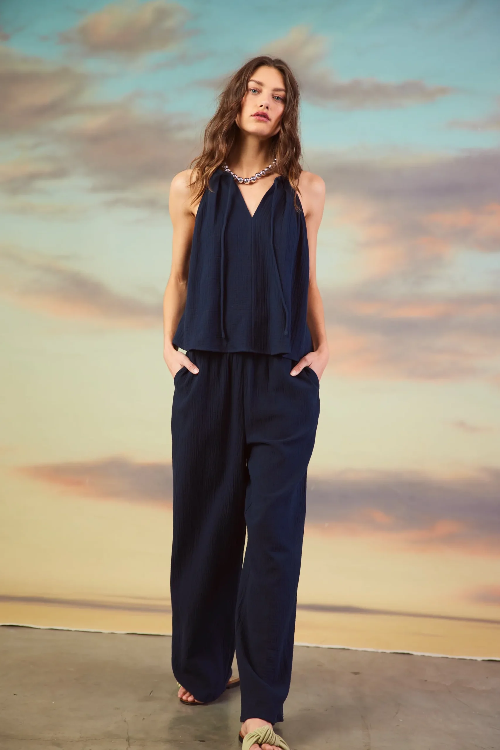 SKIES ARE BLUE Pants*Gaia Smocked Waist Wide Leg Pants Navy