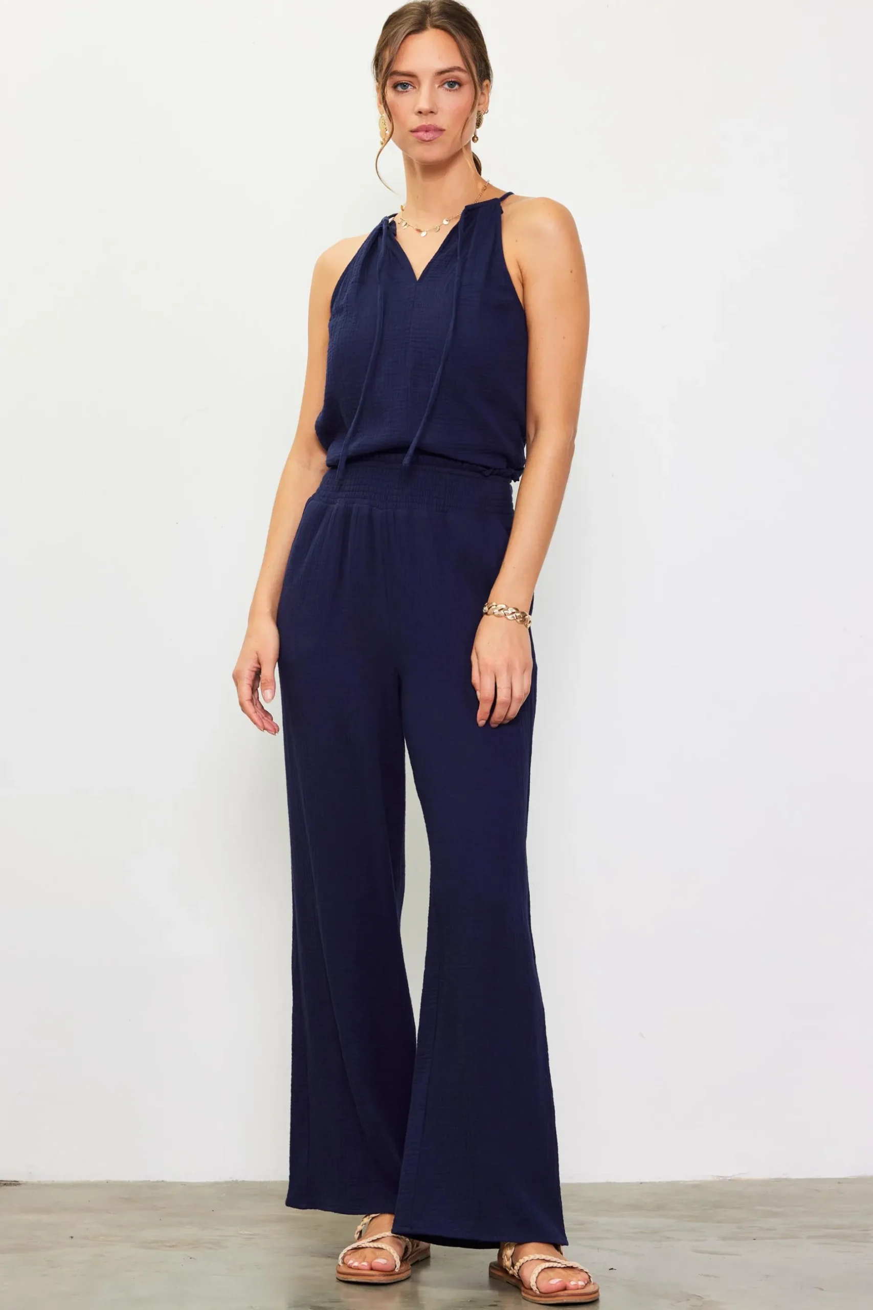 SKIES ARE BLUE Pants*Gaia Smocked Waist Wide Leg Pants Navy
