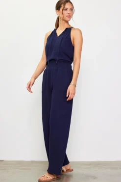 SKIES ARE BLUE Pants*Gaia Smocked Waist Wide Leg Pants Navy
