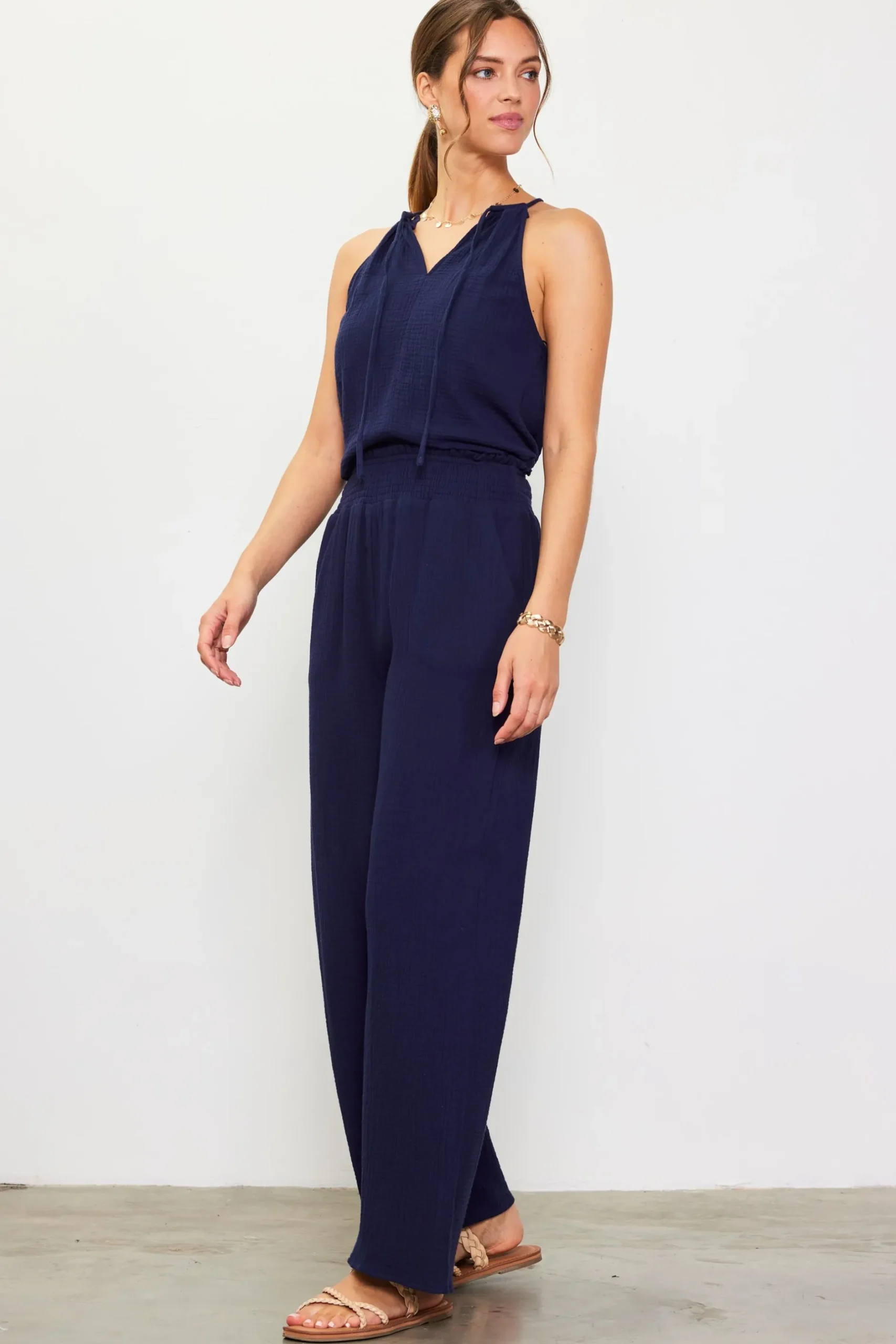SKIES ARE BLUE Pants*Gaia Smocked Waist Wide Leg Pants Navy