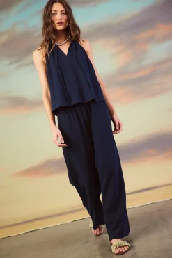 SKIES ARE BLUE Pants*Gaia Smocked Waist Wide Leg Pants Navy