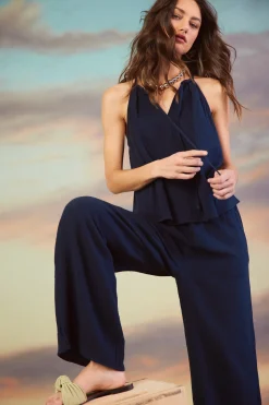 SKIES ARE BLUE Pants*Gaia Smocked Waist Wide Leg Pants Navy