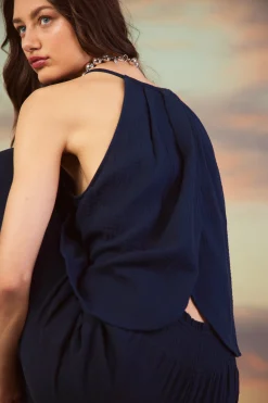 SKIES ARE BLUE Sleeveless Tops*Gaia Tulip Back Halter Top Navy