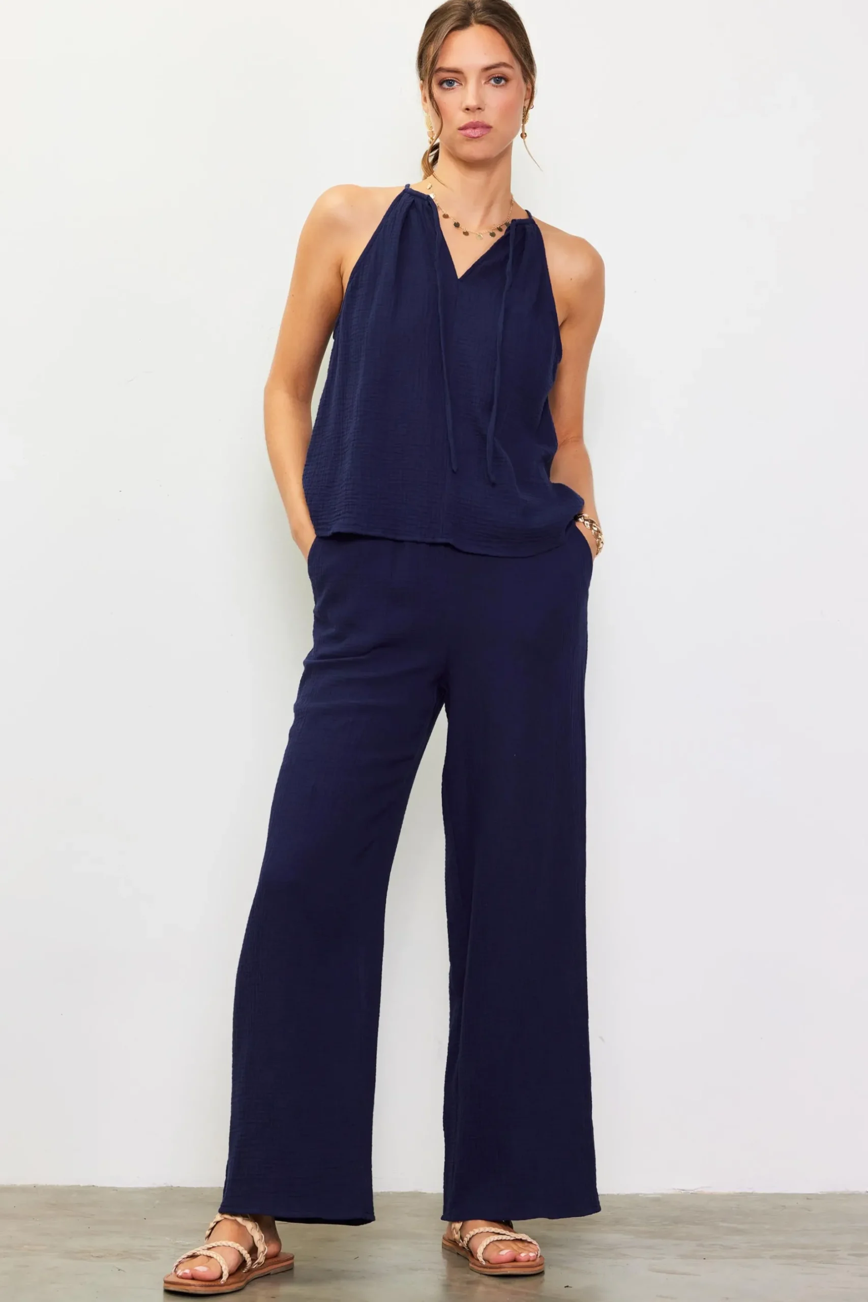 SKIES ARE BLUE Sleeveless Tops*Gaia Tulip Back Halter Top Navy