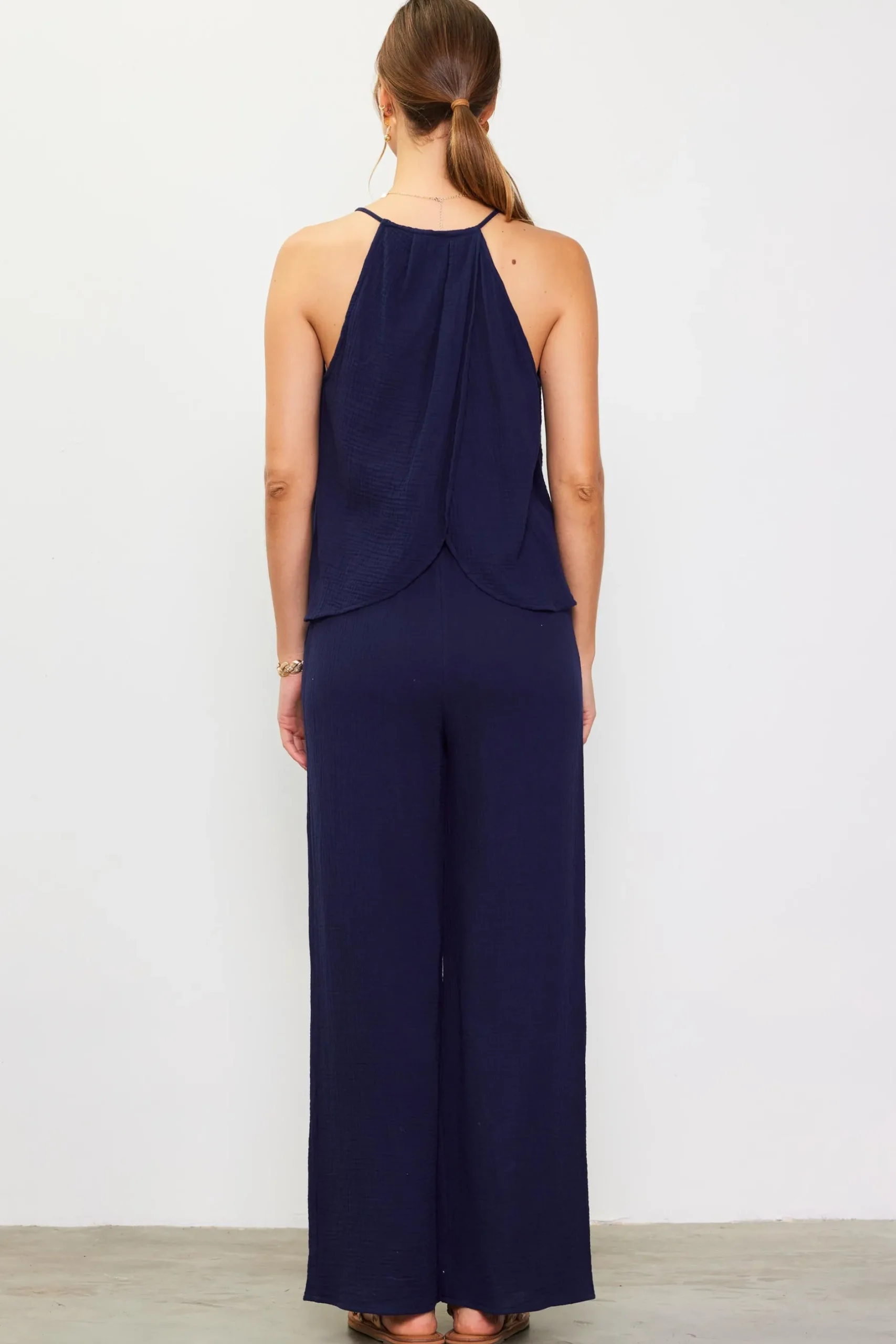 SKIES ARE BLUE Sleeveless Tops*Gaia Tulip Back Halter Top Navy