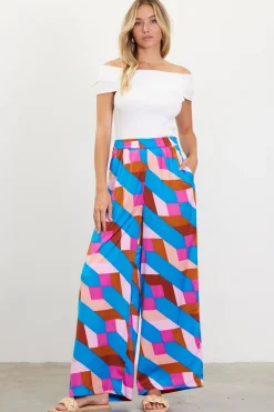 SKIES ARE BLUE Pants*Geometric Print Wide Leg Pants Blue-mulberry