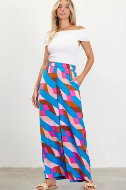 SKIES ARE BLUE Pants*Geometric Print Wide Leg Pants Blue-mulberry