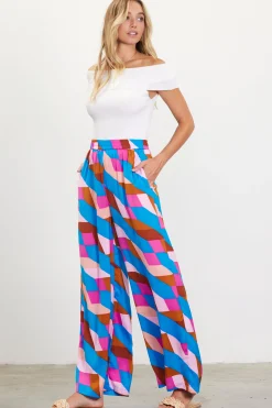 SKIES ARE BLUE Pants*Geometric Print Wide Leg Pants Blue-mulberry