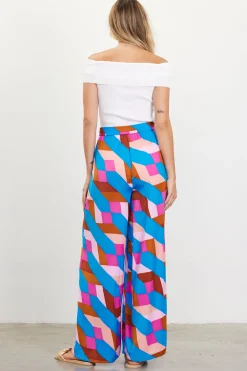 SKIES ARE BLUE Pants*Geometric Print Wide Leg Pants Blue-mulberry