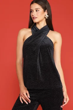 SKIES ARE BLUE Sleeveless Tops*Glitter Dot Criss Cross Neckline Top Black