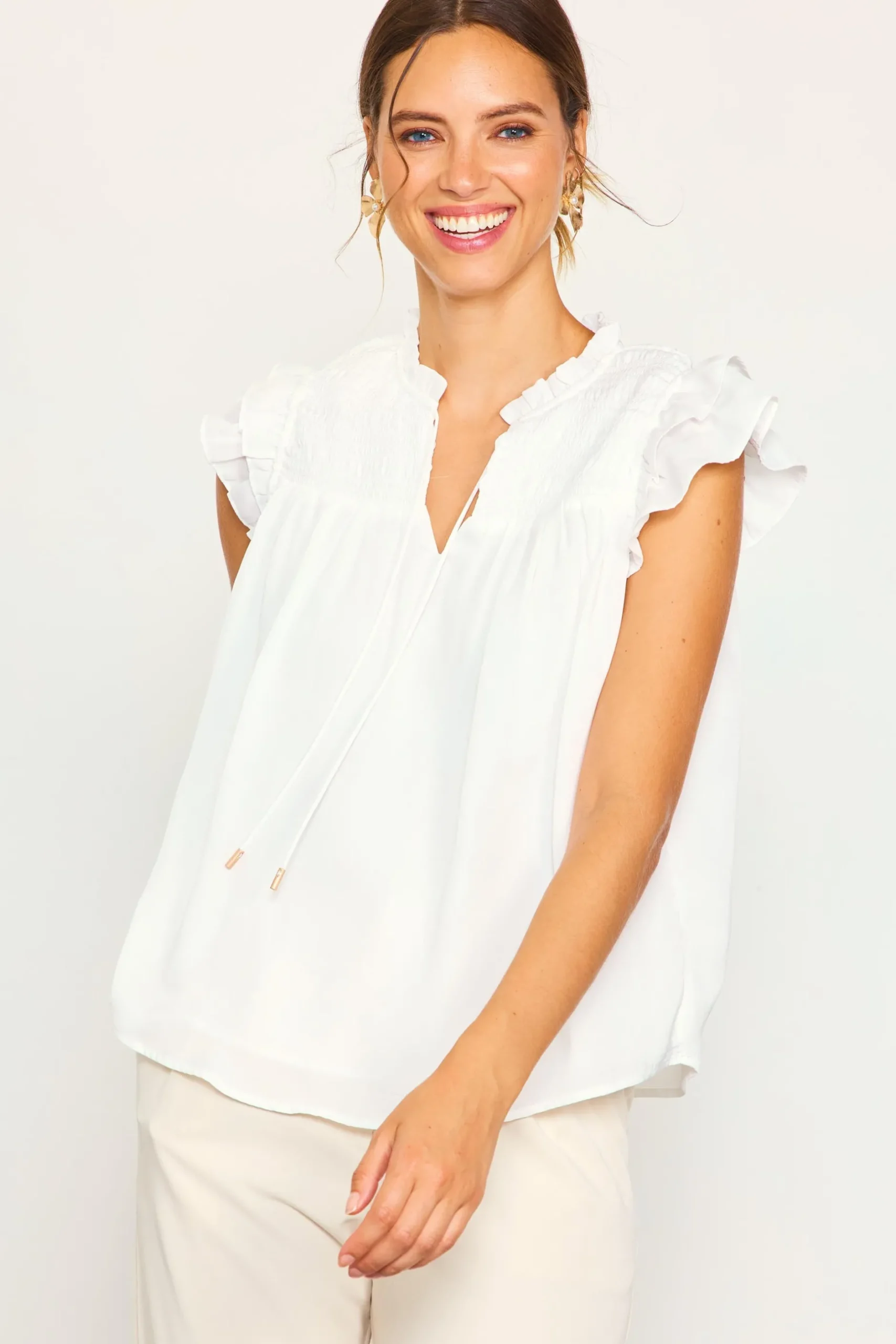 SKIES ARE BLUE Sleeveless Tops|Short Sleeve Tops*Gwynne Ruffle Short Sleeve Top Offwhite