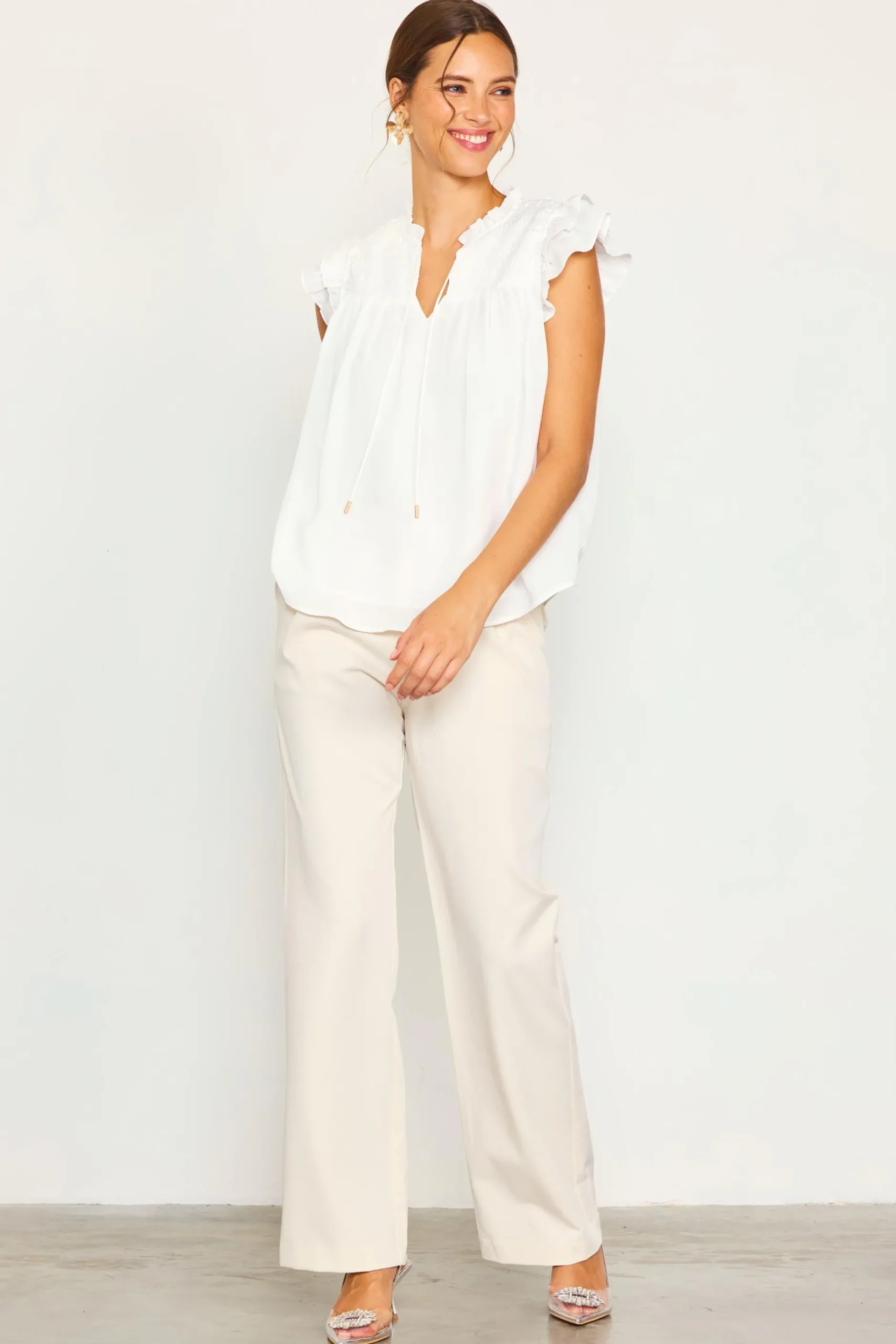 SKIES ARE BLUE Sleeveless Tops|Short Sleeve Tops*Gwynne Ruffle Short Sleeve Top Offwhite