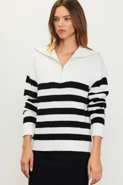 SKIES ARE BLUE Sweaters*Half-Zip Striped Sweater White-black