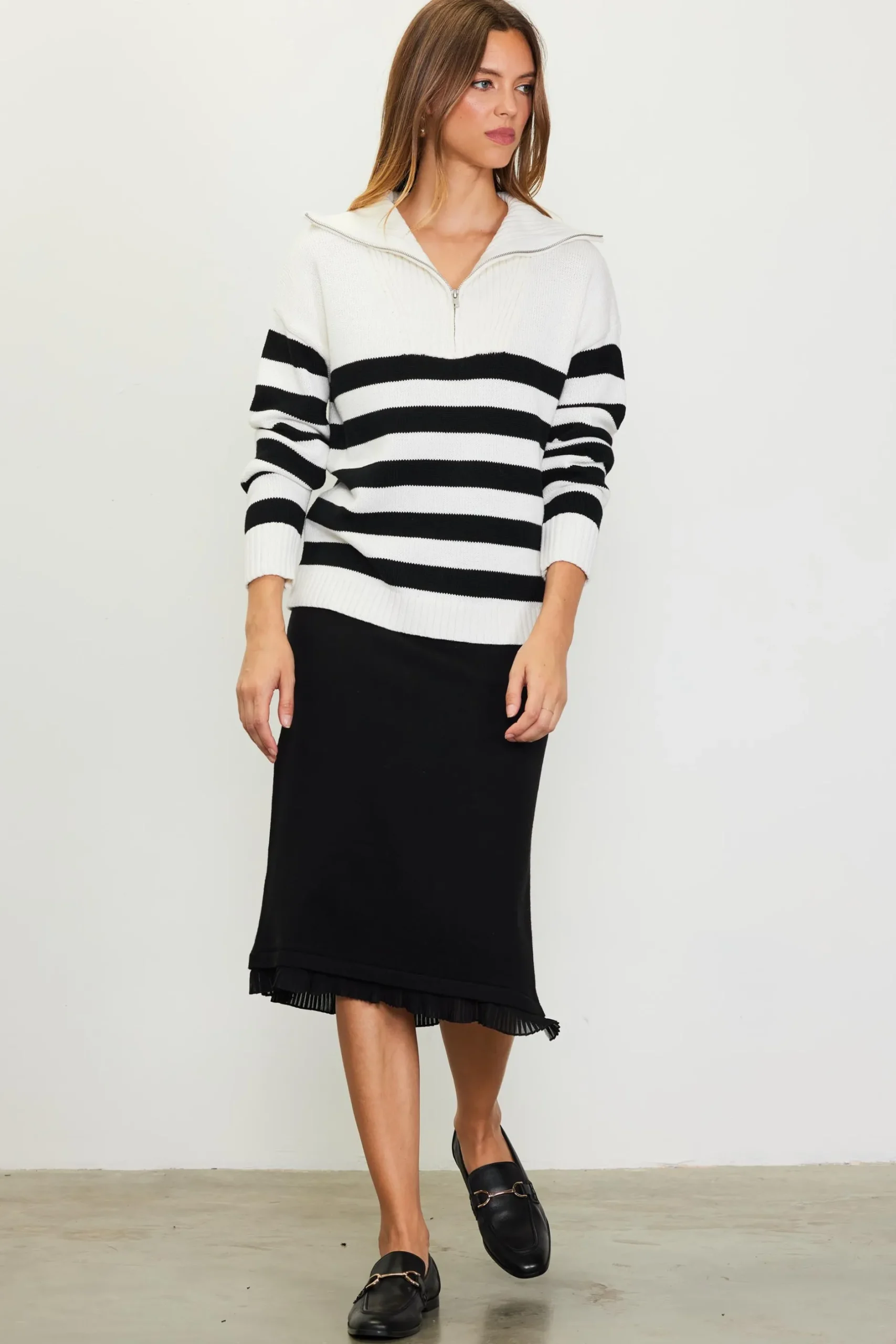 SKIES ARE BLUE Sweaters*Half-Zip Striped Sweater White-black