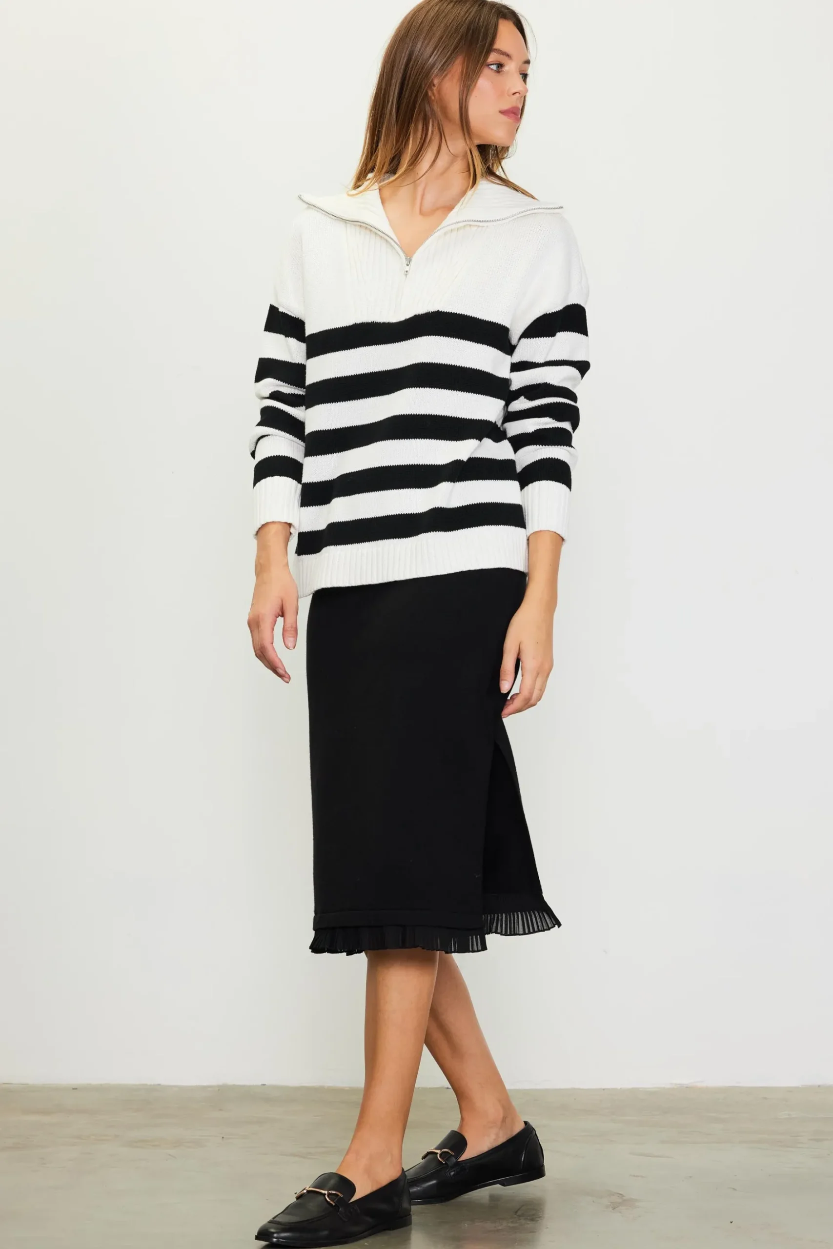 SKIES ARE BLUE Sweaters*Half-Zip Striped Sweater White-black