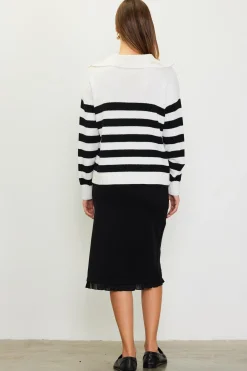 SKIES ARE BLUE Sweaters*Half-Zip Striped Sweater White-black