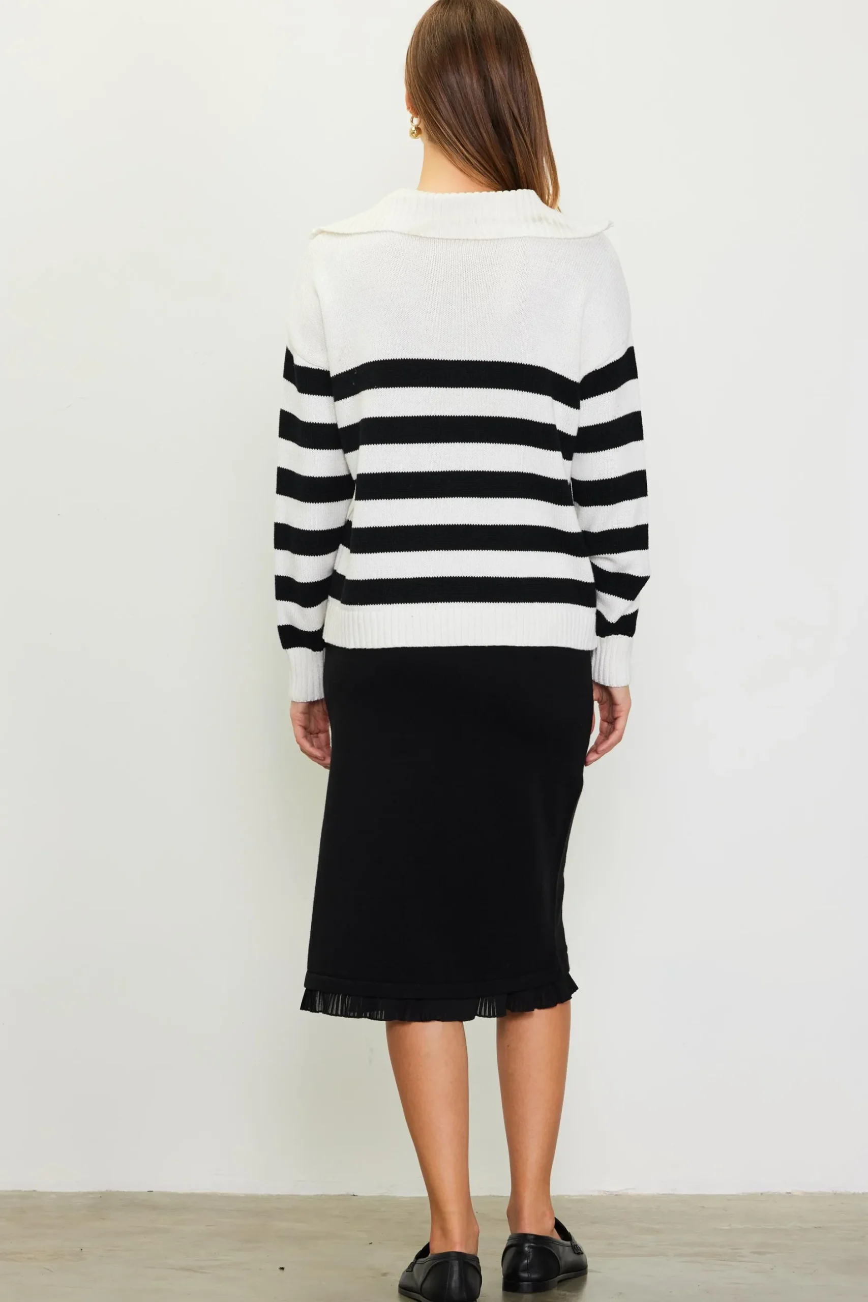 SKIES ARE BLUE Sweaters*Half-Zip Striped Sweater White-black