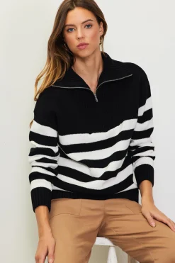 SKIES ARE BLUE Sweaters*Half-Zip Striped Sweater Black-white