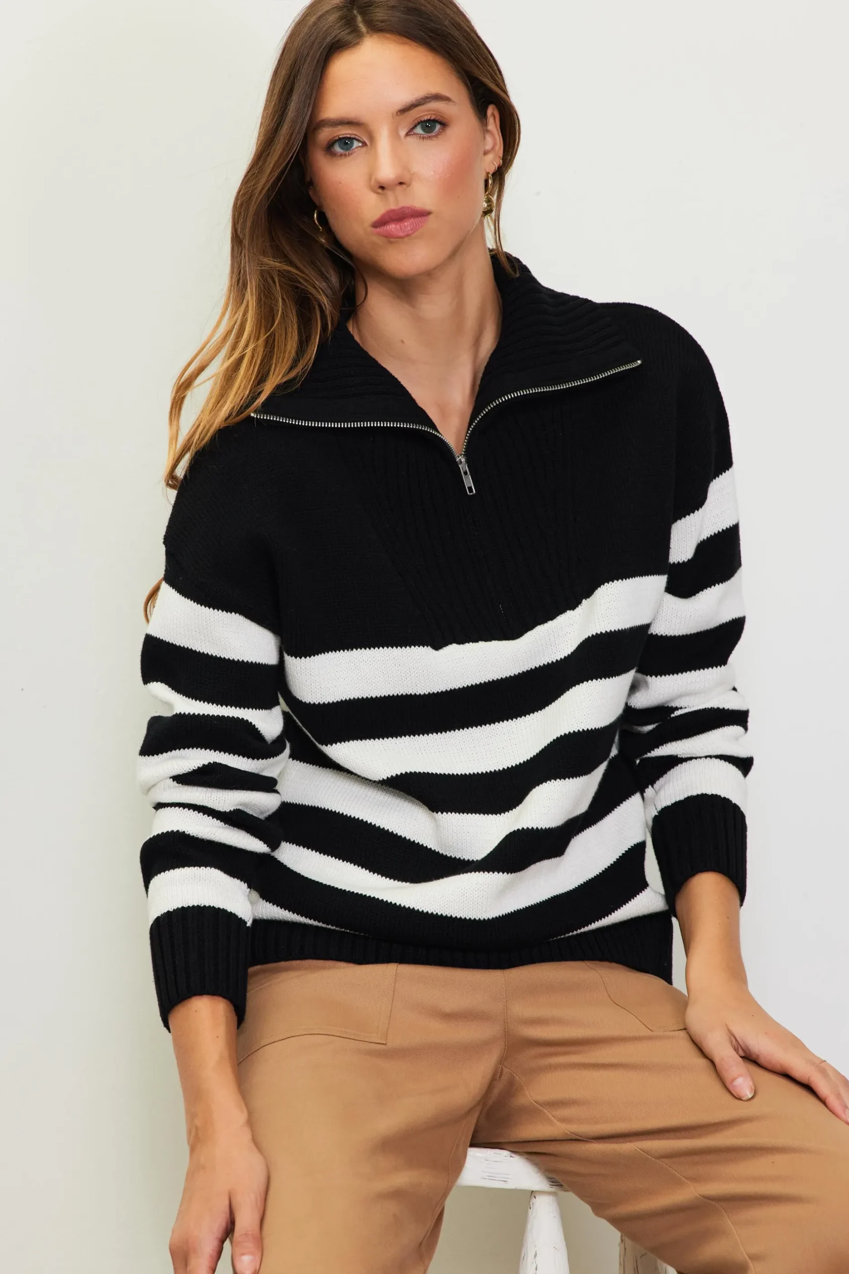 SKIES ARE BLUE Sweaters*Half-Zip Striped Sweater Black-white