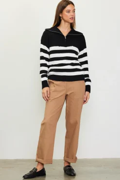 SKIES ARE BLUE Sweaters*Half-Zip Striped Sweater Black-white