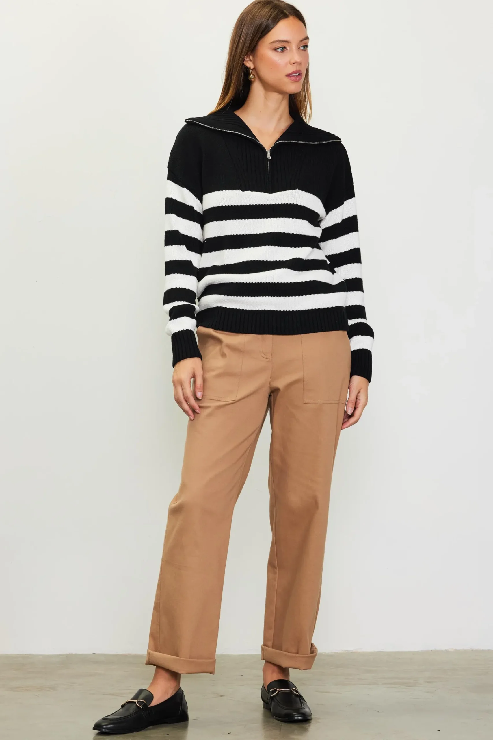 SKIES ARE BLUE Sweaters*Half-Zip Striped Sweater Black-white