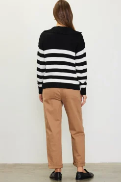 SKIES ARE BLUE Sweaters*Half-Zip Striped Sweater Black-white