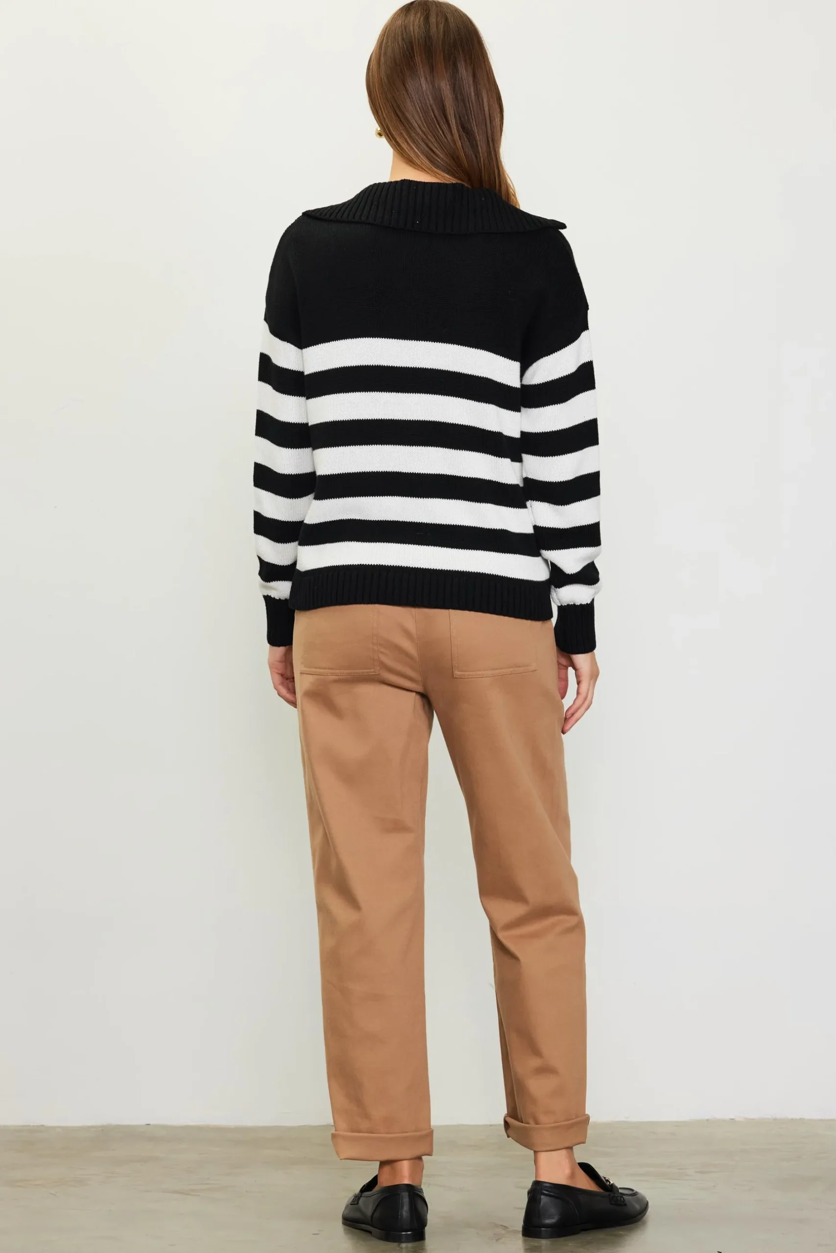 SKIES ARE BLUE Sweaters*Half-Zip Striped Sweater Black-white