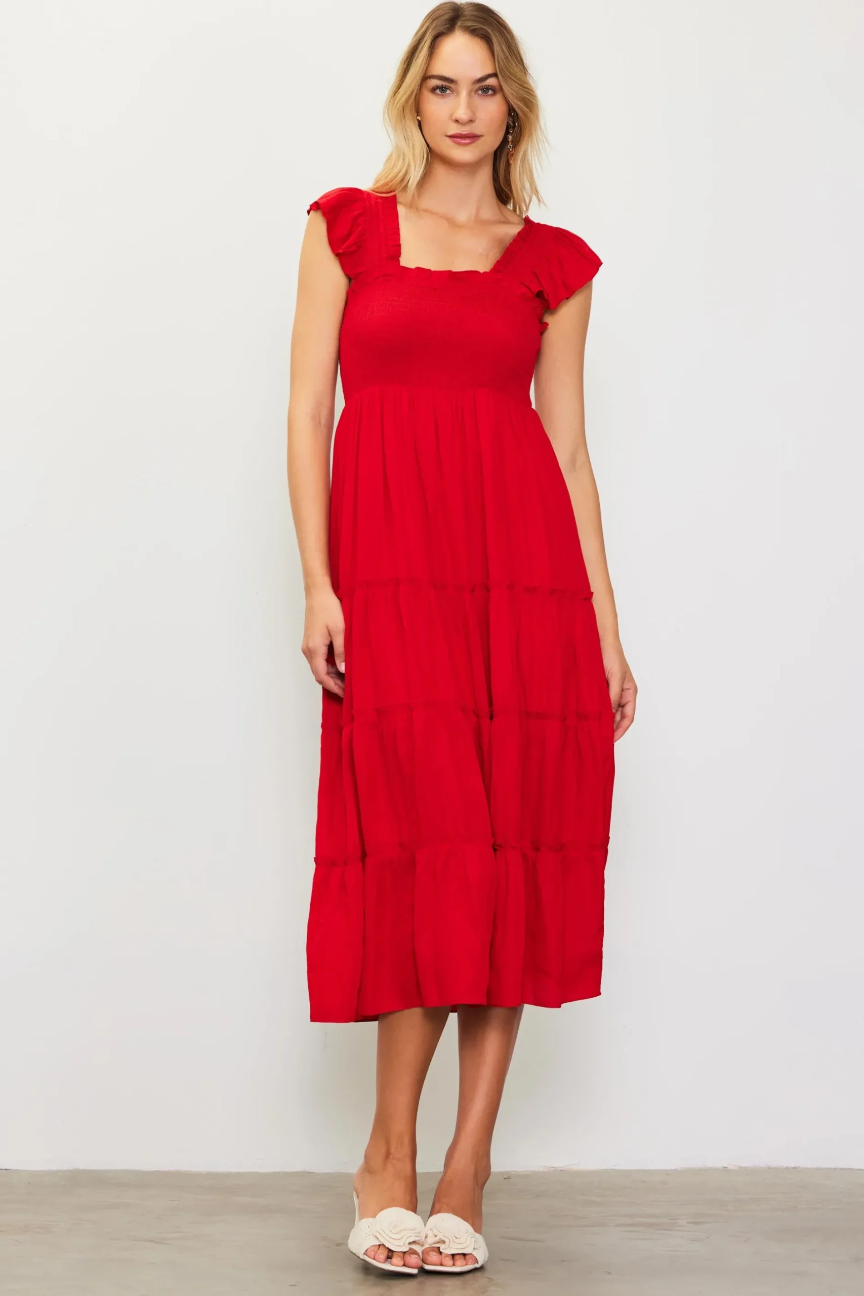 SKIES ARE BLUE Midi Dresses*Hathaway Tiered Midi Dress Radiantred