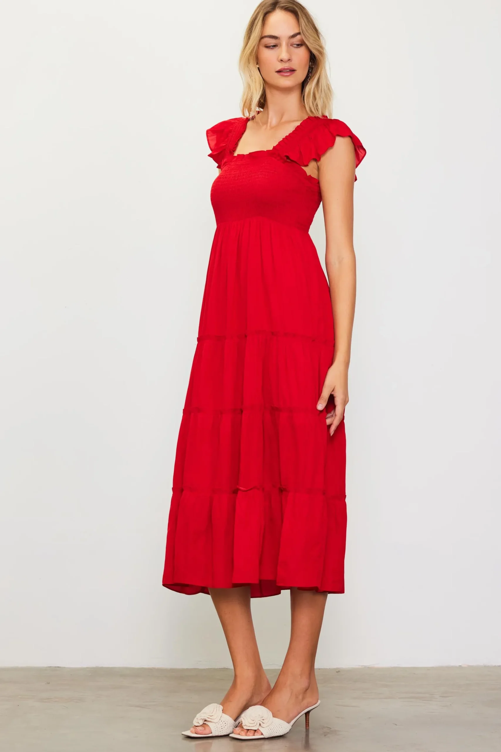 SKIES ARE BLUE Midi Dresses*Hathaway Tiered Midi Dress Radiantred