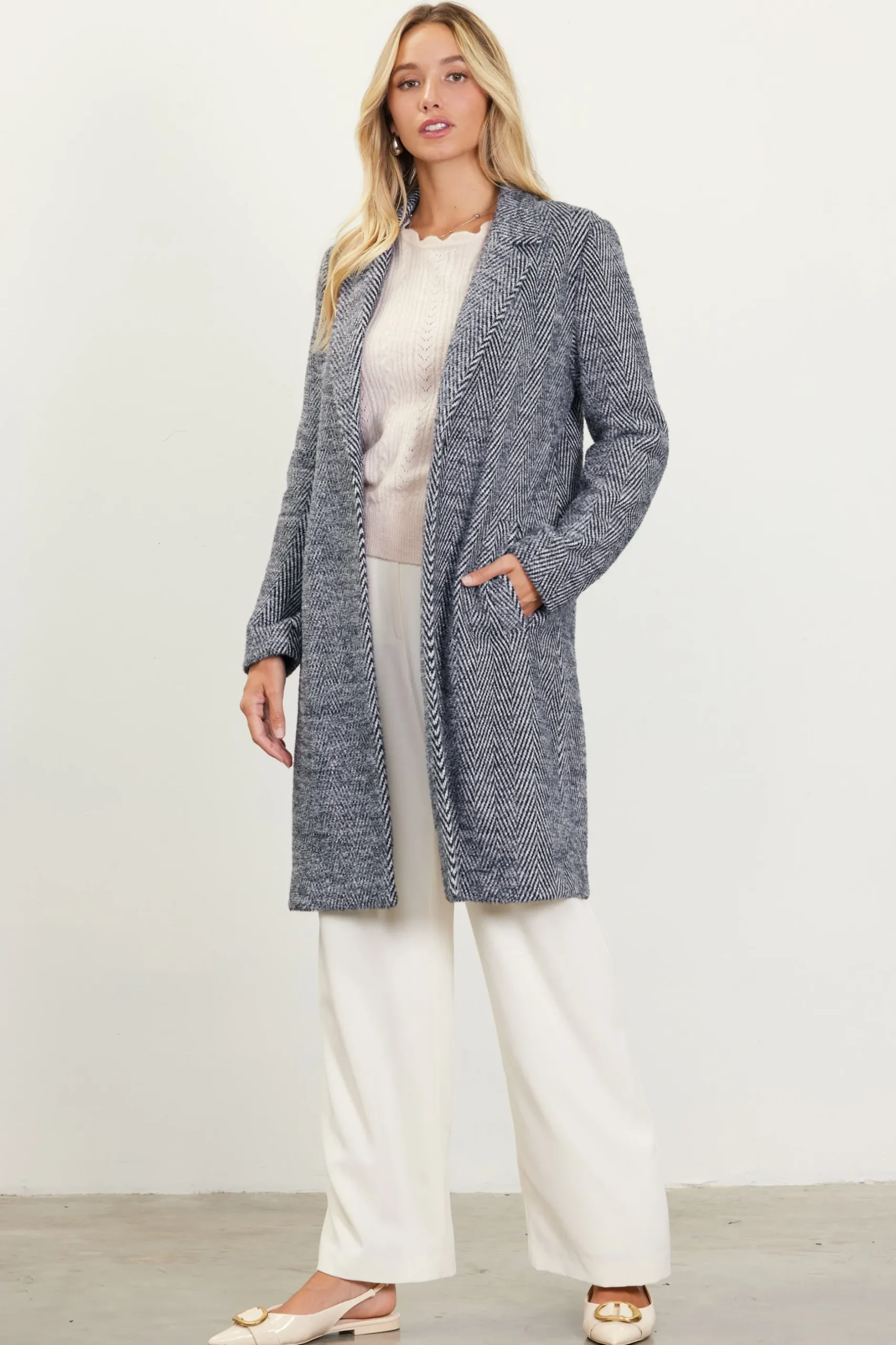 SKIES ARE BLUE Outerwear*Herringbone Single Button Coat Black