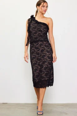 SKIES ARE BLUE Skirts*High Waisted Lace Midi Skirt Black